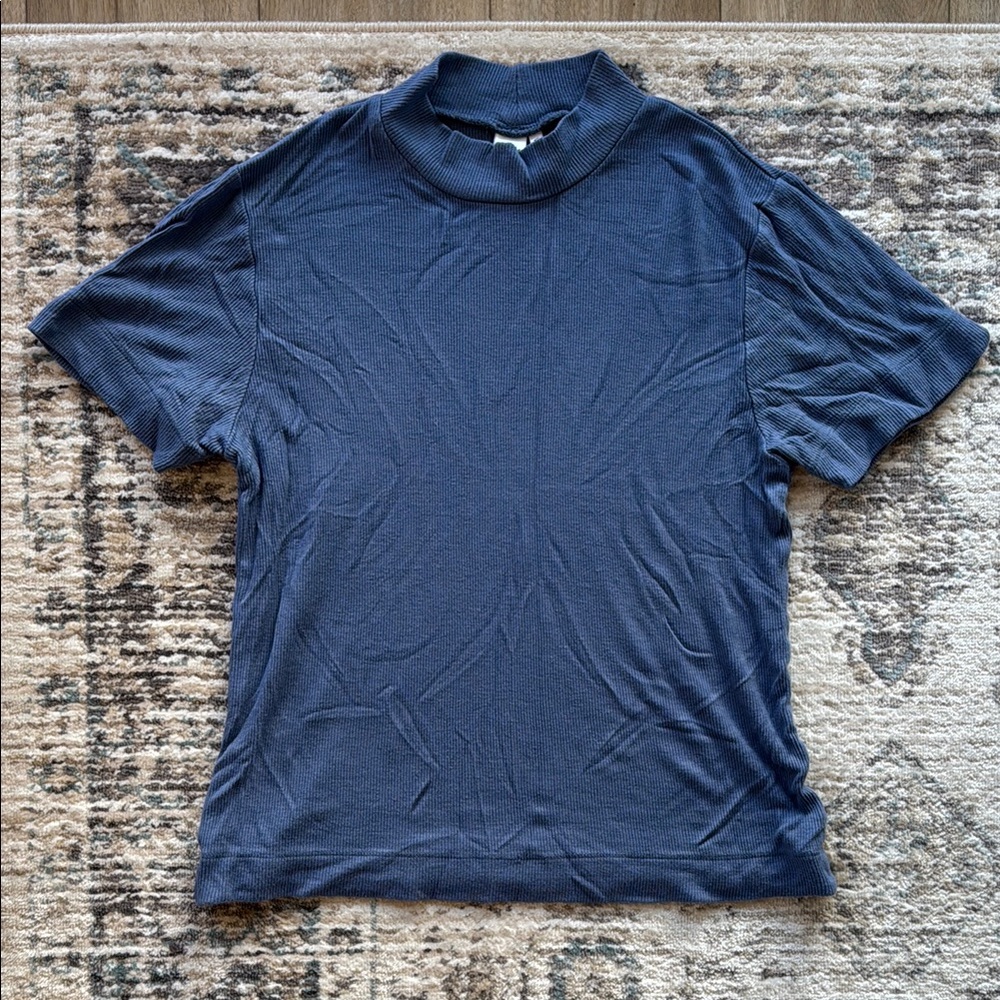 Simons Blue Short Sleeve Mock Neck Tee Soft Cotton Blend